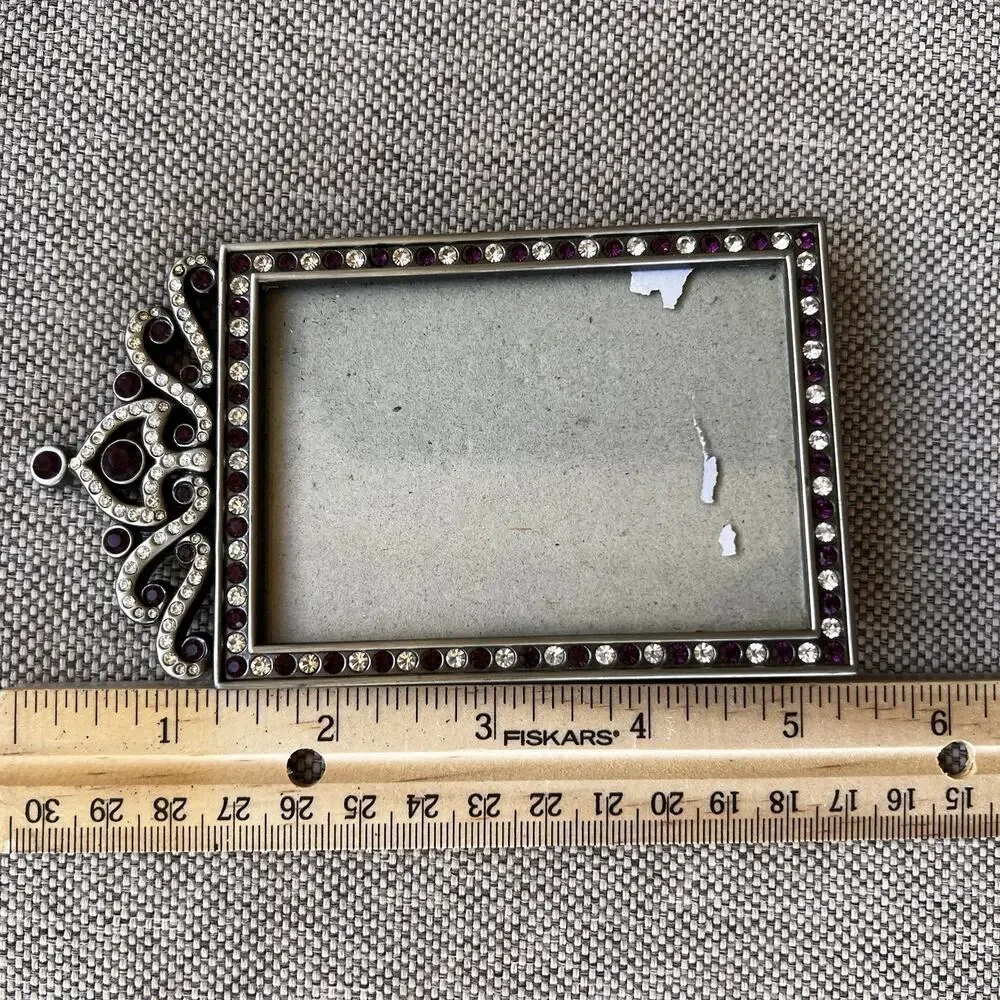 Vintage Elsa L 1999 Ornate Clear/Purple Rhinestones Pewter? Picture Frame 5”x3”